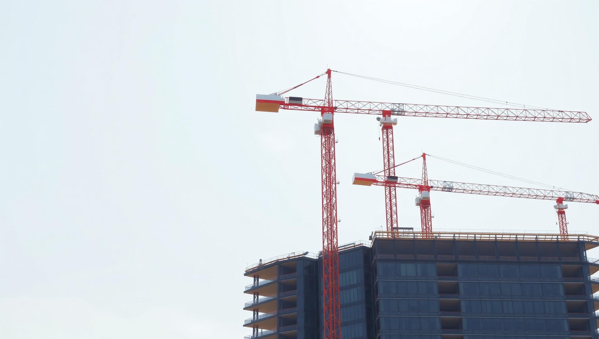 Tower cranes above a high-rise construction site in bright daylight